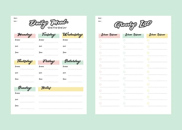 Meal menu planner and shopping grocery list with checklist for print template in pastel color style — 스톡 벡터