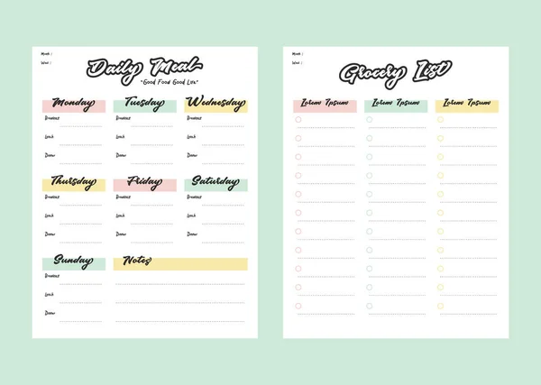 Meal menu planner and shopping grocery list with checklist for print template in pastel color style