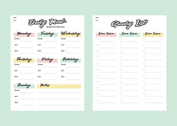 Planer menu posiłków i lista zakupów spożywczych z listy kontrolnej dla szablonu wydruku w pastelowym stylu kolorystycznym — Wektor stockowy