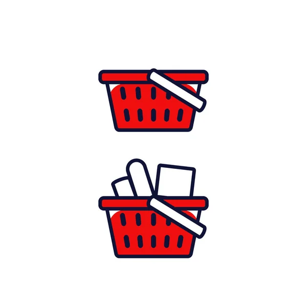 Comestibles rojo icono de la cesta de la compra vacío y lleno de icono de símbolo de condición en el esquema lleno vector de estilo — Vector de stock