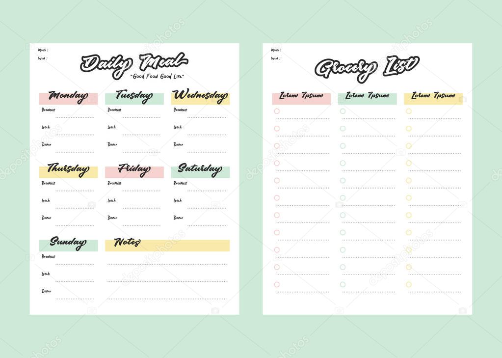 Meal menu planner and shopping grocery list with checklist for print template in pastel color style