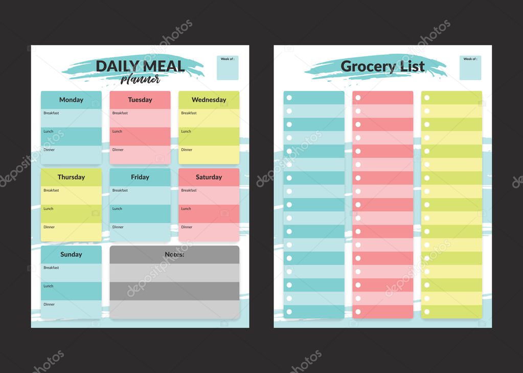 Menu meal planner and grocery shopping list weekly template for print in pastel colorful style