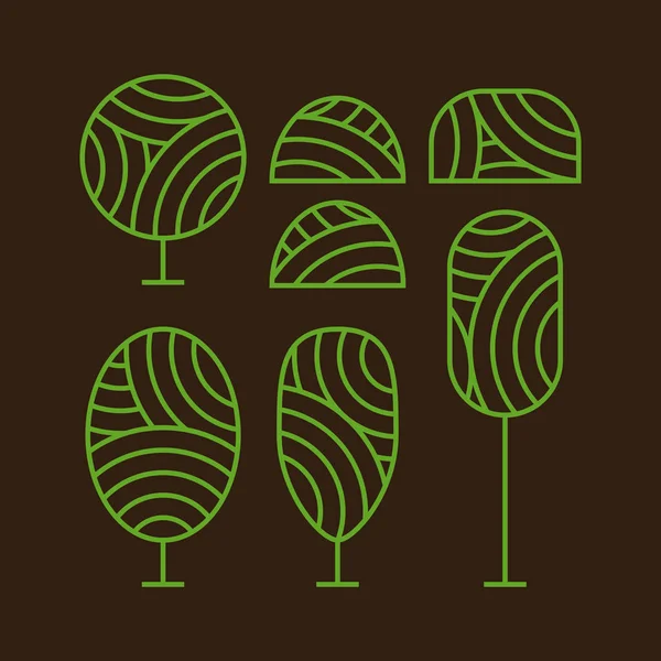 Boom icoon en struik plant set met ronde golf textuur grafische illustratie in omtrek lijn kunst stijl — Stockvector