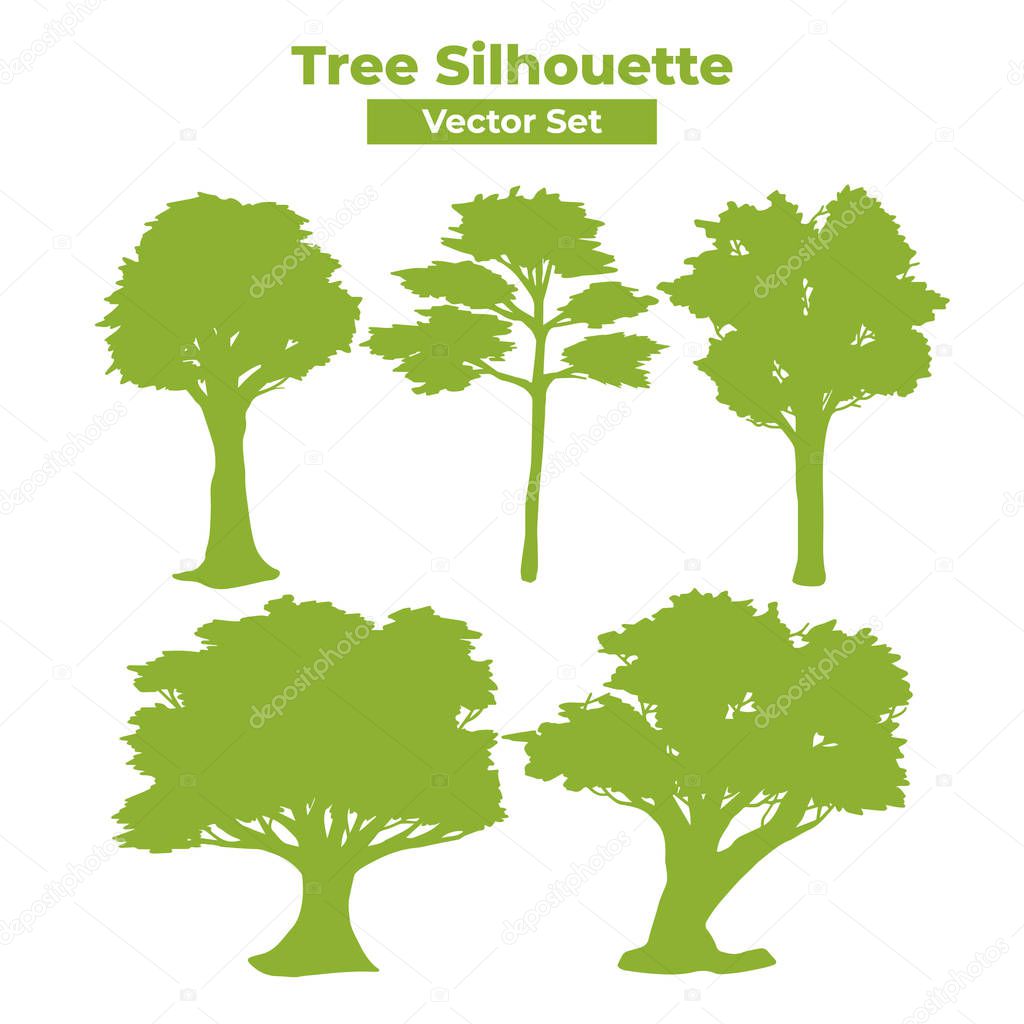 Tree silhouette vector set with big long thick and thin leaves and many branches graphic
