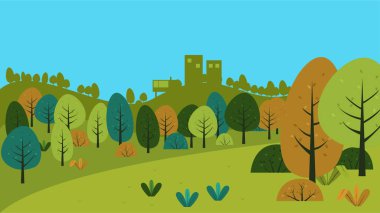 flat landscape cartoon background. hill view. building silhouette from far 16 by 9 ratio illustration clipart