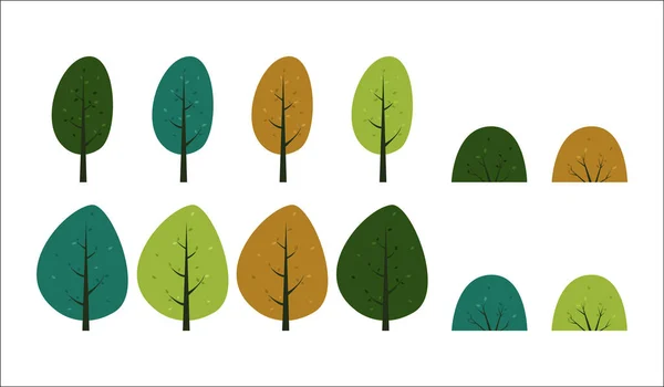 Árvore vetorial cartoon plana e arbustos conjunto 2 — Vetor de Stock