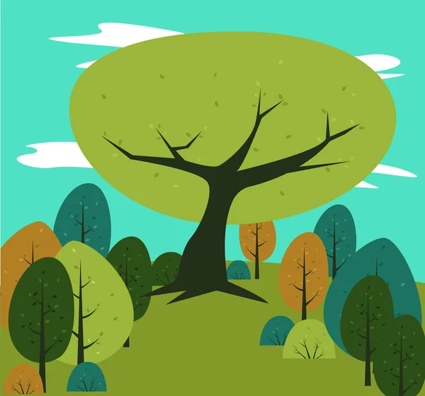 Plano paisagem desenho animado fundo. árvore grande na colina no meio da ilustração da floresta — Vetor de Stock