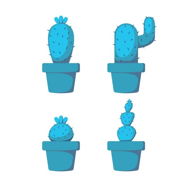 Set planta de cactus con flor en maceta vector objeto elemento decoración para proyecto de ilustración en azul esquema sombreado color — Archivo Imágenes Vectoriales