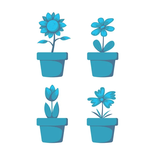 Set maison fleur en pot élément vecteur décoration élément illustration collection avec tournesol, tulipe, jasmin et fleur violette dans l'ombrage schéma de couleur bleue — Image vectorielle