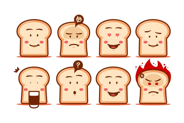 Bröd tecknad emoji ansikte smiley uttryck set vektor karaktär söt rolig stil — Stock vektor