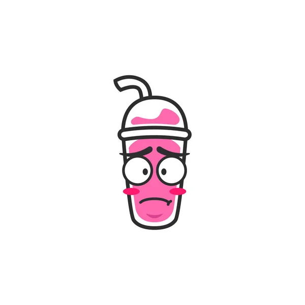 悲しい気持ち悪い顔のカップテイクアウトドリンクキャラクターマスコット Emojidex 絵文字デックス ピンク色のドリンク漫画風イラスト — ストックベクタ