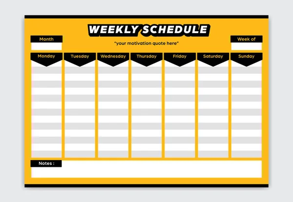 Weekly Schedule Bold Yellow Black Color Style Planner Monday Sunday — Stock Vector