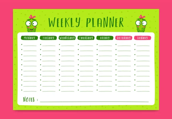 Plánovač Týdenního Plánu Zábavném Stylu Kresleným Postavou Kaktusu Plánovač Pondělí — Stockový vektor