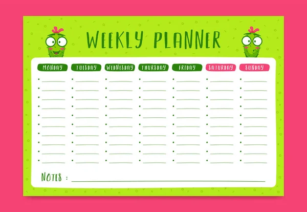 Wekelijkse Planning Planner Leuke Stijl Met Cactus Cartoon Karakter Planner — Stockvector