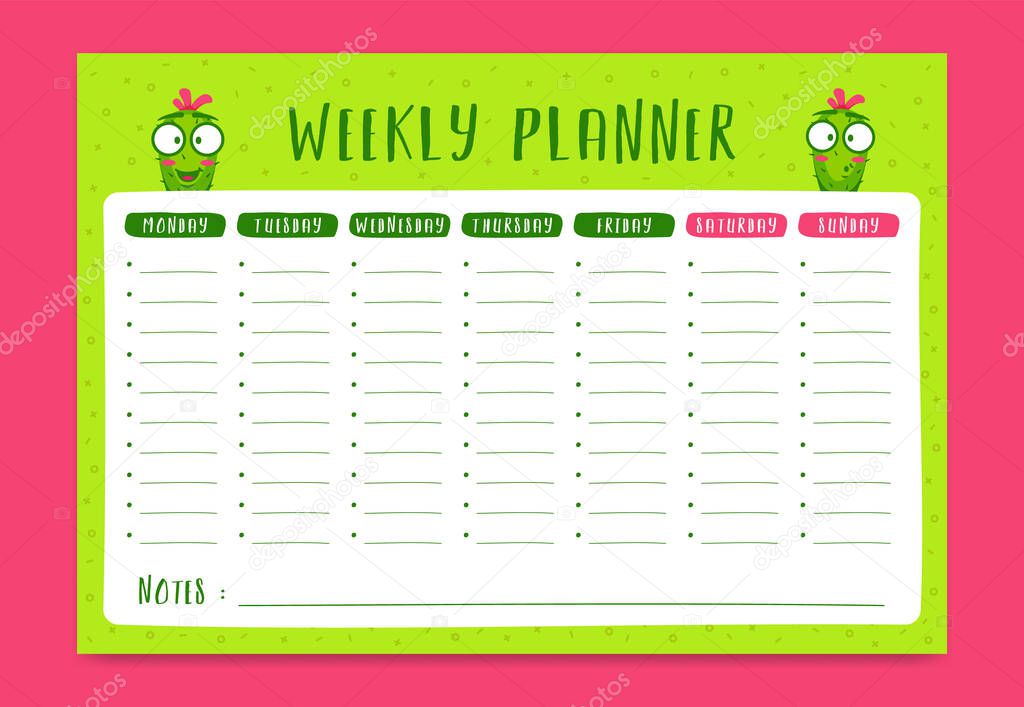 Weekly schedule planner in fun style with cactus cartoon character, planner monday to sunday with notes
