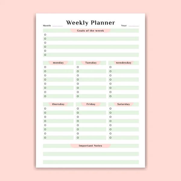 Feminine Weekly Schedule Planner Women Size List 주일의 — 스톡 벡터