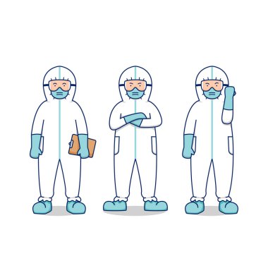 Korona hastalığı salgını için tehlikeli madde giysisi giyen doktor hemşireler.