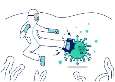 Vektör illüstrasyon dövüşü covid corona virüsü, tehlikeli madde koruyucu giysisi olan doktor uçan tekme savaşları virüsü konsepti.