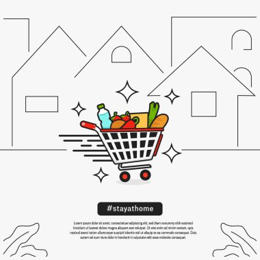 Günlük süpermarket malları ev vektör illüstrasyonuna, süpermarket alışveriş arabasıyla teslimat vektör illüstrasyonu