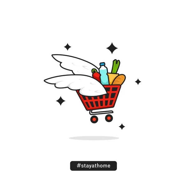 Günlük Ürünler Süpermarket Teslimat Vektör Çizimi Kanatlı Uçan Alışveriş Arabası — Stok Vektör