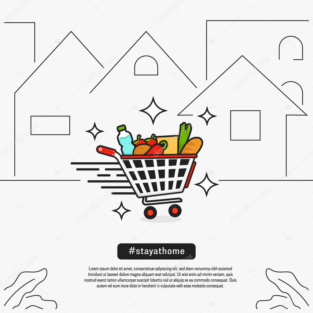 daily supermarket goods delivery to home vector illustration, delivery vector illustration with supermarket shopping cart
