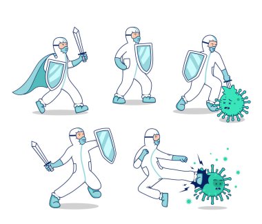 Vektör karakteri set fight covid corona virüs illüstrasyonu, tehlikeli madde giysisi giyen doktor ve virüs bakteri maskotu karakterine karşı kalkan savaşı.