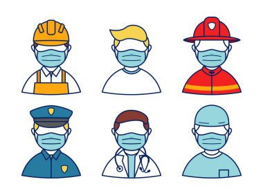 İnsanlar Corona Virüs Avatarı 'ndan maske takıyor. Meslek olarak polis, doktor, itfaiyeci, cerrahi.