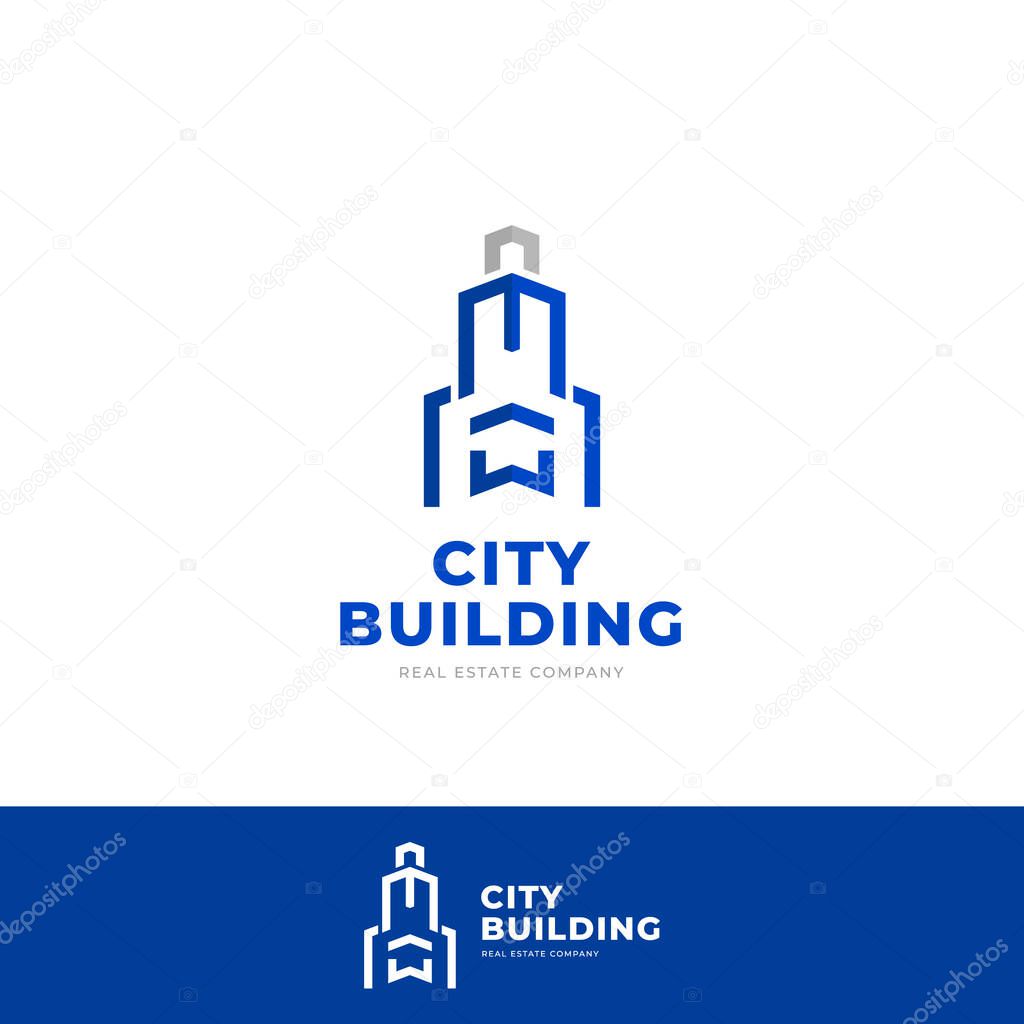 Urban Real Estate company logo branding with big skyscraper building and letter M or W icon