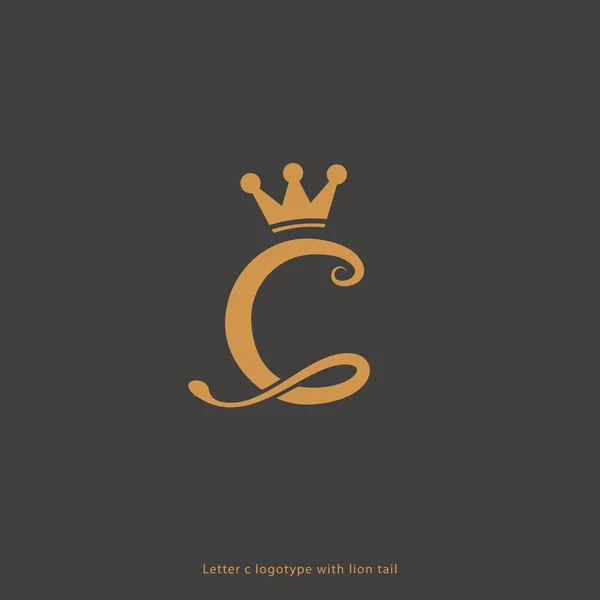 字母C国王标志 带有狮尾和金冠标志 图标符号独特 — 图库矢量图片