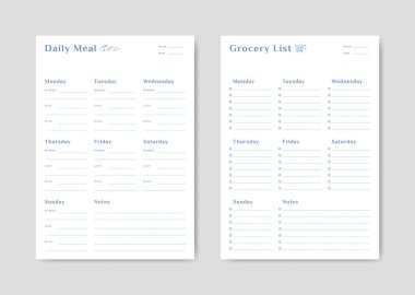 Basit yazdırma şablonu için kontrol listesine sahip yemek menüsü planlayıcısı ve alışveriş bakkal listesi
