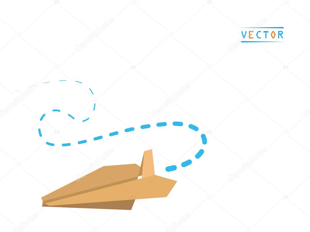Flying creative origami paper airplane with dotted path line. Vector illustration on isolated white background.