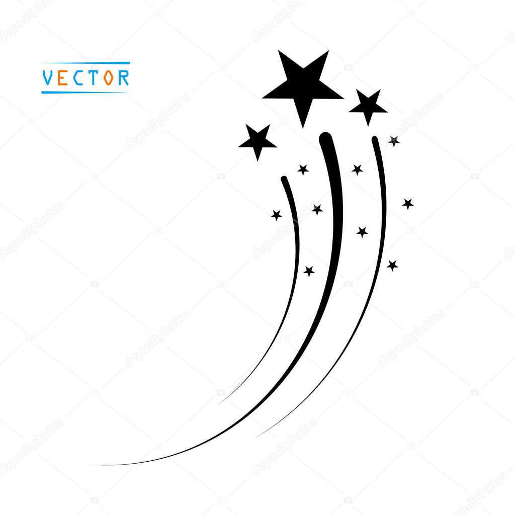 Silhouette of a flying star, comet with tail and Stardust or fireworks. Vector illustration on isolated light background.
