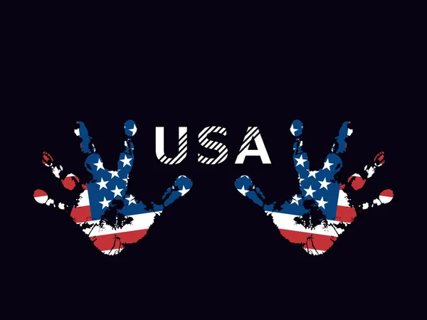 Absztrakt amerikai zászló kéznyomok formájában. A tenyér lenyomata. Az USA felirat. Vektor tervezési elem, elszigetelt sötét háttér. — Stock Vector