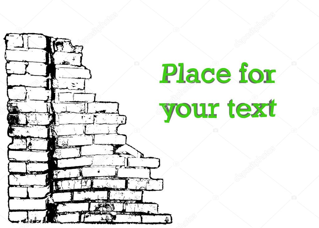 Silhouette of a ruined wall, broken brickwork. Vector illustration with space for text. Object on isolated light background.