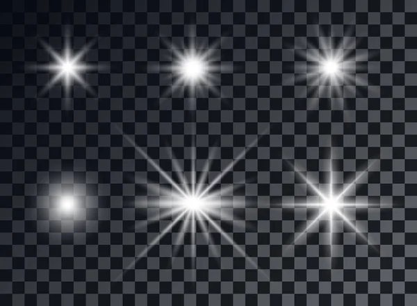 Glowing white stars, lights, flashlight. Explosion effect. Objects on an isolated transparent background.