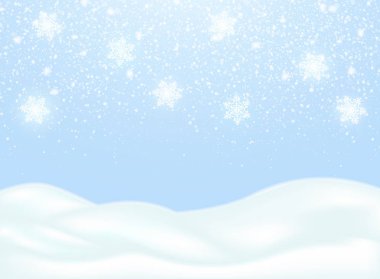 Kar yağışı. Donmuş yerde yatan kar. Beyaz kar yağıyor, kar taneleri yağıyor. Vektör kış Noel illüstrasyonu mavi arkaplan.