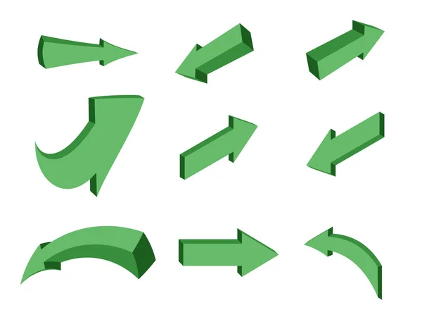 Šipky zelené směry 3d, kreslené, izometrie. Prvek vektorové konstrukce, ikony. Objekt na izolovaném pozadí. — Stockový vektor