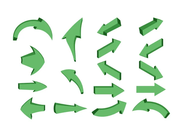 Setas direções verdes 3D, desenhos animados, isometria. Elemento de design vetorial, ícones. O objeto em um fundo isolado . —  Vetores de Stock
