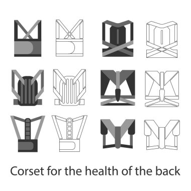 Medical corset for posture and a healthy back. Set Line and fill illustrations.