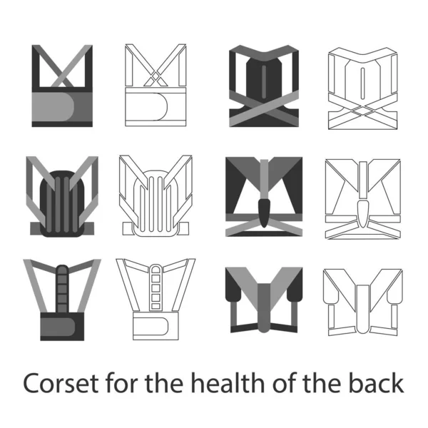 Medical corset for posture and a healthy back. Set Line and fill illustrations. — Stockvektor