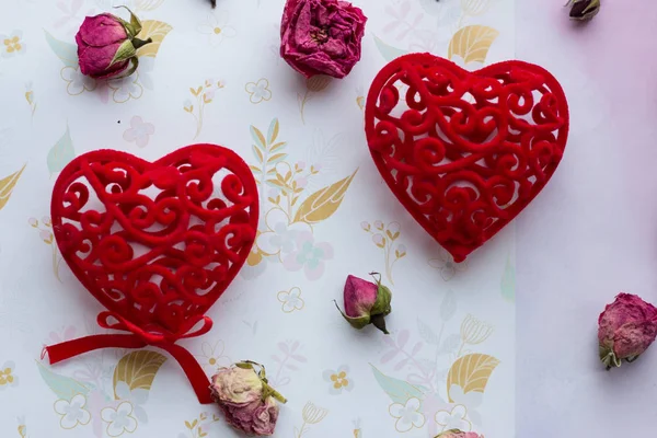 Red Heart Roses Valentine Day — стоковое фото