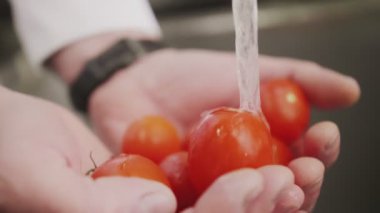 Closeup cook man washing fresh tomatoes