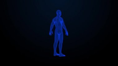 Dönen insan hologramı. Kusursuz döngülü mavi üç boyutlu insan animasyonu