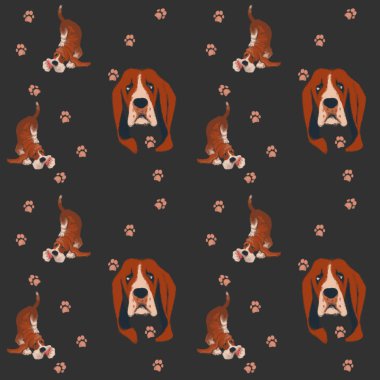 Koyu mavi arka planda av köpekleri olan kusursuz bir desen.