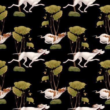 Av köpeği işaretçileri ormanda koşuyor. Siyah bir arka planda kusursuz desen. Avlanıyordum. Yürümek