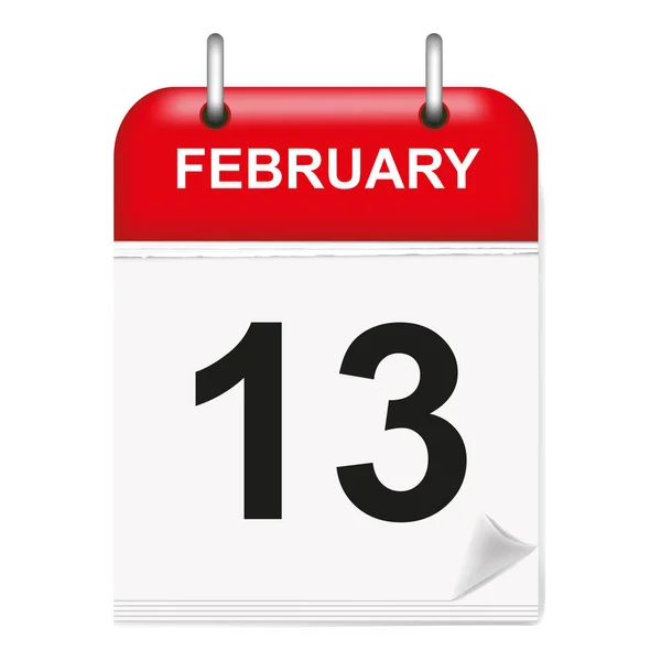 Günlük tek yapraklı takvim, kırmızı omurga, 3 boyutlu, Şubat, 13, 13, 13. Vektör, illüstrasyon.