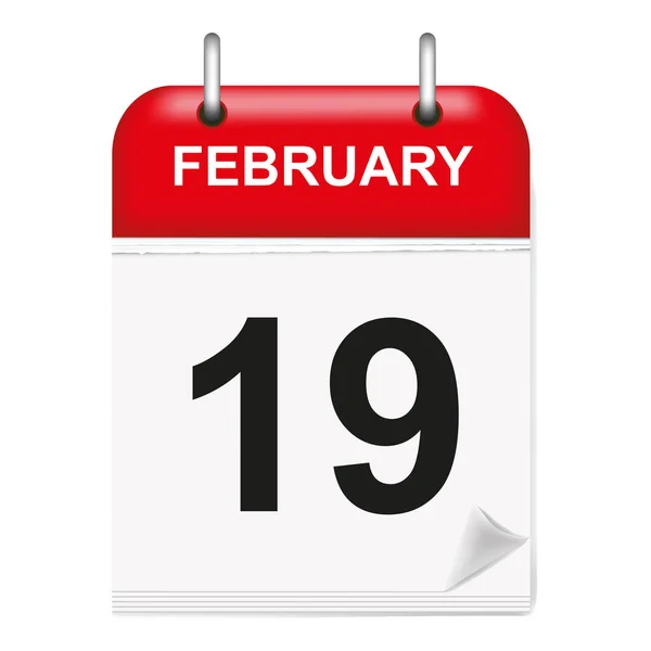 Günlük tek yapraklı takvim, kırmızı omurga, 3D, Şubat, 19, 19, 19. Vektör, illüstrasyon..