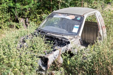 eski paslı araba enkazından çimenlerde terk zarar görmüş.
