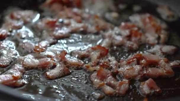 Cozinhar bacon na frigideira — Vídeo de Stock