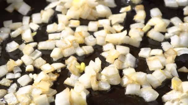 Ψιλοκομμένο κρεμμύδι στο τηγάνι — Αρχείο Βίντεο